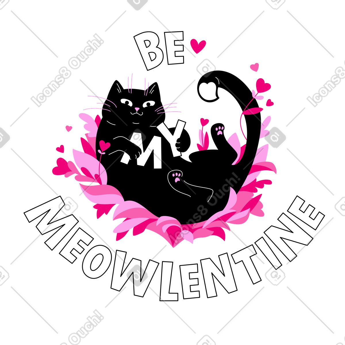 Ilustración Gato con letras sea mi texto meowlentine en estilo Lettering a descargar en PNG y SVG