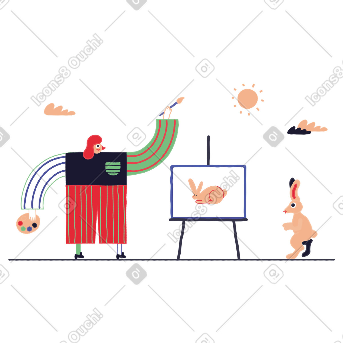 Artist painting a portrait of rabbit illustration in Stripy style download in PNG, SVG
