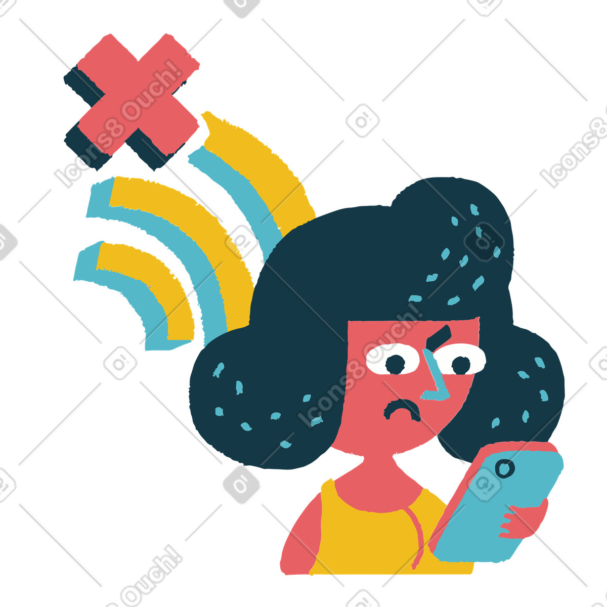 Wi-fi connection problem on phone with frustrated user illustration in Flamenco style download in PNG, SVG