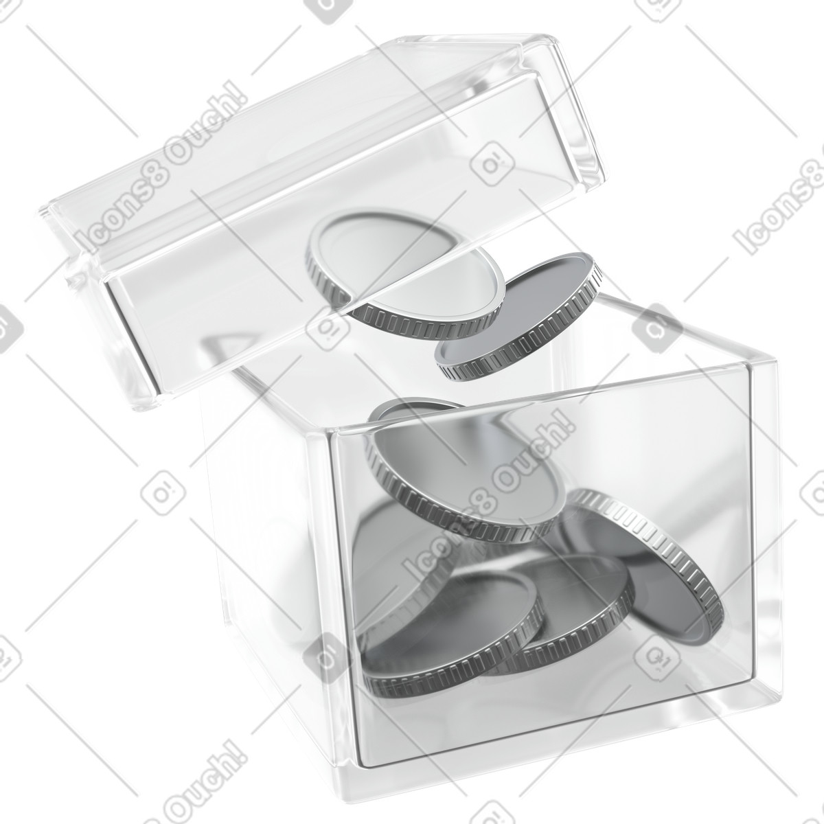 Open plastic coin box with loose change, Personal savings and cash storage illustration in PNG, SVG