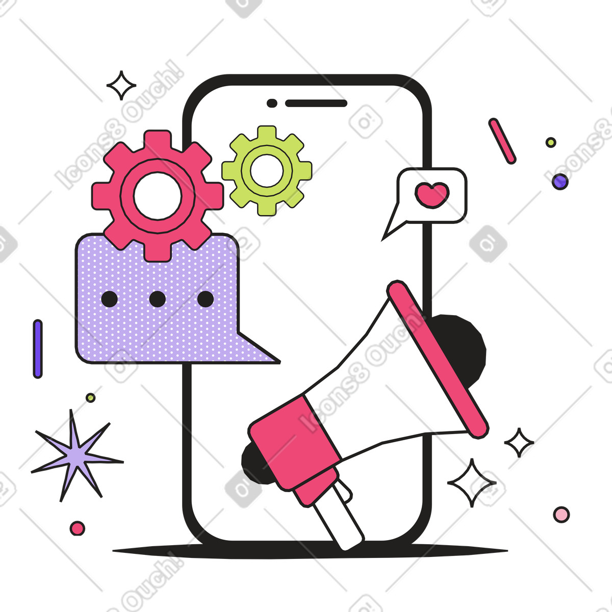 Smartphone with megaphone and chat bubbles, Digital marketing communication illustrazione in stile Dazzle scarica in PNG, SVG