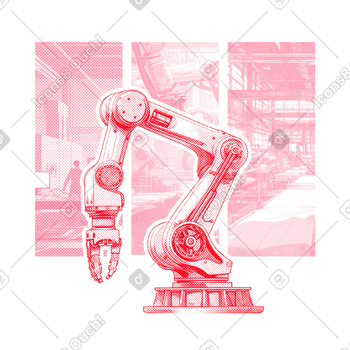 Industrial factory with robotic arm illustration in Halftone style download in PNG, SVG