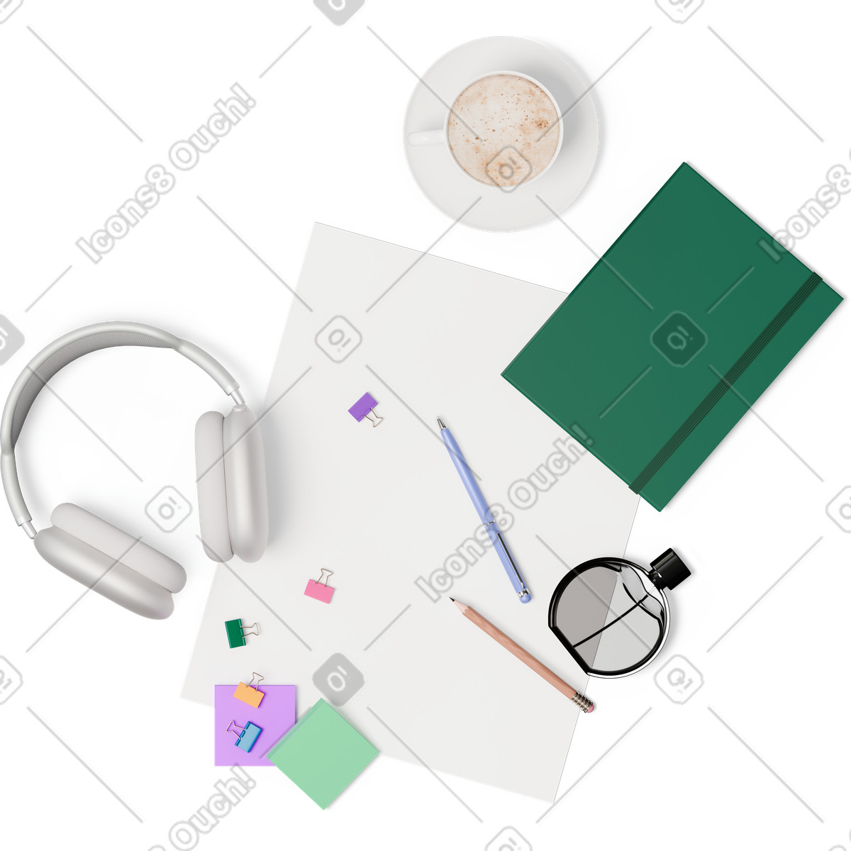 Vista dall'alto di cuffie, notebook, tazza caffè e penna illustrazione in stile 3D Hygge scarica in PNG, SVG