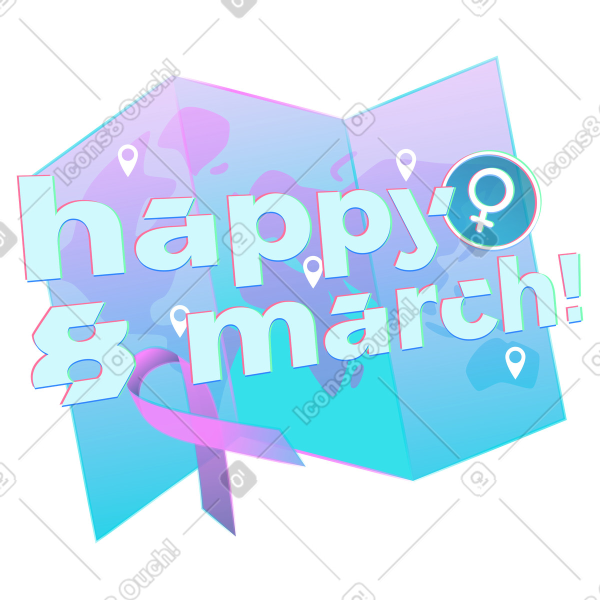 Bold Happy 8 March text on map background, Women's rights and empowerment illustration in Neon style download in PNG, SVG