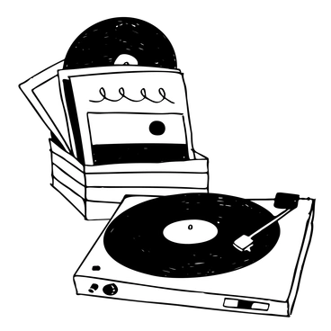 A turntable with vinyl records stacked nearby - Marks style illustration