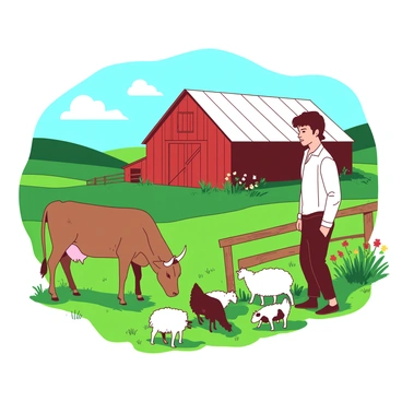 An illustrator is standing in a vibrant green field, surrounded by rolling hills. In the background, there is a large red barn with a white roof and a weathered wooden door. The barn is complemented by a clear blue sky dotted with fluffy clouds. In the foreground, a group of grazing animals includes a brown cow, a few white sheep, and a couple of black and white chickens pecking at the ground. Near the barn, there is a wooden fence with wildflowers growing alongside it, adding splashes of color to the scene.