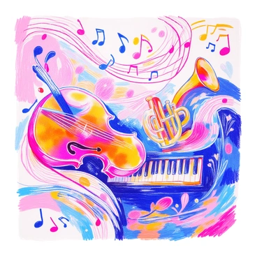 A composition of "musical notes" elegantly flows across the page in a graceful pattern. Various "instruments" such as a "violin," "trumpet," and "piano" are depicted alongside the notes, each showing intricate details. The "violin" features finely carved wood with a shiny finish, while the "trumpet" reflects light with its polished brass surface. The "piano" showcases its glossy keys, partially pressed to create movement. The "musical notes" swirl around in a harmonious arrangement, creating a sense of rhythm and melody throughout the composition.