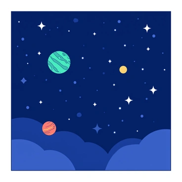 A dark blue night sky is filled with numerous bright white stars twinkling. Among the stars, several colorful planets are positioned at different points. One planet is a deep teal color with swirling patterns, while another planet is a bold orange with a rough surface texture. The planets appear to have a soft glow, creating a sense of movement, as if they are dancing among the stars. The vastness of the sky enhances the beauty of this celestial display.