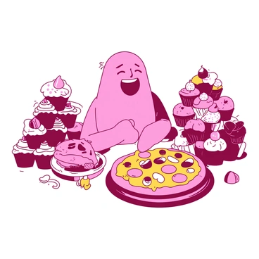 A pink figure representing "gluttony" is surrounded by a vibrant array of food items. On one side, there are stacks of colorful cupcakes with icing and sprinkles, while on the other side, a heaping pile of various fruits, such as shiny apples and bananas, is displayed. In front of the figure, there is a large, overflowing pizza with melted cheese and various toppings. The expression on the gluttony figure's face is gleeful, showcasing excitement and delight as it indulges in the feast.