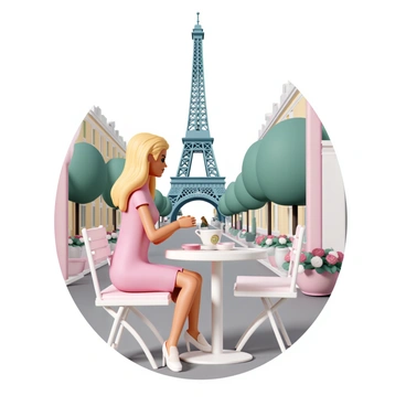 A doll resembling "Barbie," with long blonde hair styled in loose waves, is sitting at a small, round table in a quaint Parisian café. She is wearing a chic pink dress paired with stylish white heels. In front of her is a delicate porcelain cup, and she is gently sipping coffee while gazing out at the view. The background features the iconic "Eiffel Tower" framed by soft pastel-colored buildings, vibrant green trees, and people strolling by, creating a lively atmosphere. The café is adorned with elegant outdoor seating and colorful flower pots.