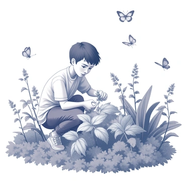 A young figure named "Krabat" is seen gathering herbs in a garden. He is crouched down, carefully picking fresh green herbs with both hands. The garden is filled with an abundance of lush, leafy plants, showcasing a variety of textures and shapes. Around him, several butterflies are fluttering gracefully, some resting on the leaves while others hover in the air. The scene captures a moment of focused activity amidst the lively movement of the butterflies.