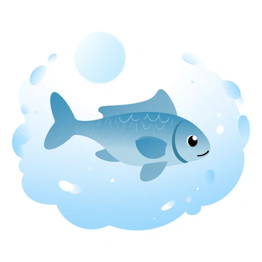 A fish with shimmering scales is swimming gracefully beneath the surface of the water. The moonlight casts a soft glow on the sea, illuminating the gentle waves. The surrounding water is a deep blue, with hints of silver reflecting from the moon above. Small bubbles trail behind the fish as it moves, creating ripples in the water. A few sparkling stars are visible in the dark sky, adding to the tranquil atmosphere.