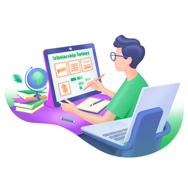 A modern pastel illustration depicting a student sitting at a desk, focused on a tablet displaying various scholarship options. The tablet screen shows icons of books, diplomas, and dollar signs. The student is wearing glasses and has a notepad and pen nearby, jotting down notes. Surrounding the student, there are educational resources like stacks of books, a globe, and a laptop partially open. A plant is placed on the desk, adding a touch of greenery to the scene.
