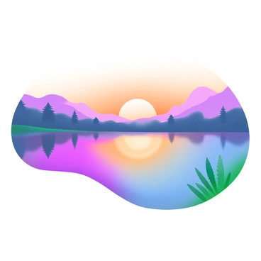 A modern pastel illustration depicting a sunset over a calm lake. The sun is low on the horizon, casting warm orange and pink hues across the sky. The lake reflects these colors, creating a gradient effect on the water's surface. Silhouettes of distant trees line the shore, gently mirrored in the lake. The overall composition emphasizes tranquility, showcasing the serene interaction between the sky and the water.
