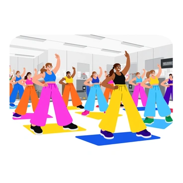A brightly lit fitness studio filled with energetic participants engaged in an 80s style workout. Each participant is wearing vibrant leg warmers in various colors like neon pink, electric blue, and bright yellow. They are all performing hip circles, with arms raised and big smiles on their faces. The room features large mirrors reflecting their movements and colorful exercise mats scattered across the floor. A stereo speaker in the corner is playing upbeat music to motivate the class. The overall atmosphere is lively and full of enthusiasm.