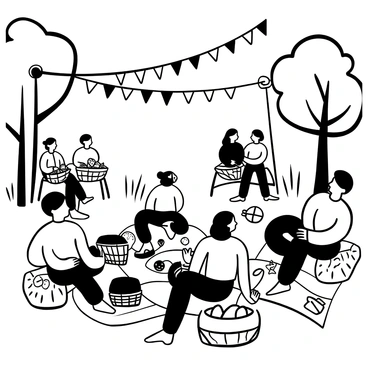 A group of families sitting on picnic blankets in a park, with baskets of food and drinks spread out. There are children playing with a frisbee nearby. Colorful flags and banners are hanging from trees and poles, fluttering in the breeze. Some adults are gathered around a barbecue grill, cooking food. In the background, there are picnic tables with more families enjoying their meals.