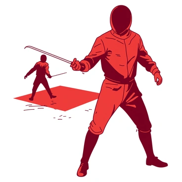 A red fencer with a focused expression is positioned in an athletic stance on a white background. The fencer is wearing a full protective uniform, including a mask and gloves, with the sword held in a guard position. In the distance, a blurred opponent is seen, also in a fencing stance, creating a sense of competition. The lighting highlights the intensity of the fencer's concentration, with muscles tense and ready for action.