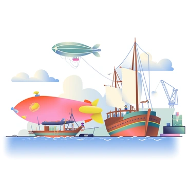 A busy harbor features a variety of vessels, including sleek airships with large, colorful envelopes floating above, and traditional ships with wooden hulls and billowing sails docked side by side. The airships have intricate designs and are tethered to the mooring stations, while the traditional ships are anchored, displaying ropes and fenders. The water reflects the vibrant colors of the ships, with gentle waves lapping at the hulls. In the background, people are seen loading cargo onto the ships, and there are cranes lifting containers from the dock. The harbor is bustling with activity, showcasing the harmony between modern air travel and classic maritime transport.