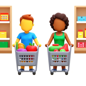 Two friends working together to push a shopping cart filled with groceries.