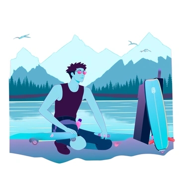 A longboarder with tanned skin and short, tousled hair is sitting on the ground by a tranquil lake. He is wearing a sleeveless black shirt and cargo shorts, with a pair of sunglasses resting on his forehead. His longboard is leaning against a nearby tree, and he has a water bottle beside him. In the background, there are majestic mountains with a light mist hovering over them, and the lake reflects the clear blue sky. The scene captures a moment of peace, with gentle ripples on the water and a few birds flying overhead.