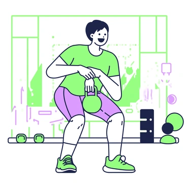 A cheerful individual with short brown hair is performing goblet squats in a gym. The person is wearing a bright t-shirt and athletic shorts. They are holding a green kettlebell close to their chest as they descend into a squat position. The gym has various exercise equipment in the background, including weights and benches. Large windows let in natural light, creating a bright atmosphere. The individual has a broad smile on their face, showcasing their enjoyment of the workout.