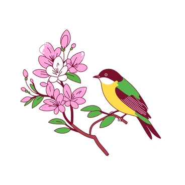 A small bird with vibrant feathers is perched gently on a delicate mayflower branch. The branch is adorned with clusters of pink and white mayflower blooms, showcasing their intricate petals. The bird's tiny feet grip the slender branch, and its head is turned slightly as if observing its surroundings. Soft green leaves frame the scene, providing a gentle contrast to the bright colors of the flowers and the bird.