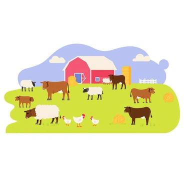 A bustling farm scene depicting several animals grazing in a green pasture. There are brown cows, fluffy sheep, and a group of chickens pecking at the ground. In the background, there is a large red barn with a white roof, and a few hay bales scattered around the area. The sky above is bright blue with a few fluffy white clouds.