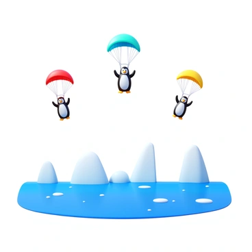 A group of four penguins wearing brightly colored parachutes is gently descending from the sky. The penguins are positioned at various heights, each with a distinct parachute color of red, blue, yellow, and green. Below them, an expansive icy landscape stretches out, featuring sparkling white icebergs and a smooth, glossy ice surface. The scene captures the penguins in mid-descent, creating a dynamic sense of movement against the serene backdrop of the icy terrain.