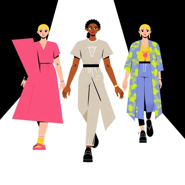 Models walking confidently down a catwalk. Each model is wearing a unique avant-garde fashion outfit that features bold colors and unconventional shapes. One model sports a large, asymmetrical red dress with exaggerated sleeves, while another wears a metallic silver ensemble with sharp angles. The final model showcases a flowing garment with intricate patterns in vibrant blues and greens. Bright stage lights illuminate the scene, highlighting the creative designs and the models' expressions of poise and elegance.