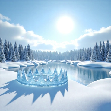 A snowy landscape with a thick blanket of white snow covering the ground and trees. In the center, there is a frozen lake with a smooth, reflective surface. An ice crown, intricately shaped with sharp edges and a crystalline texture, sits majestically at the edge of the lake. The sun shines brightly above, casting sparkling reflections off the ice crown and creating glimmers on the frozen lake. Fluffy white clouds drift across the blue sky, adding to the tranquil atmosphere of the winter scene.