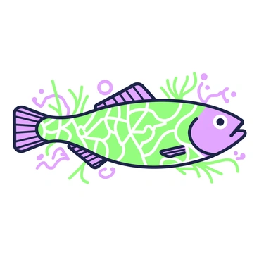 A halibut is depicted with intricate patterns and designs on its body. The halibut is oriented horizontally, showcasing its flat shape and rounded features. The patterns include geometric shapes and swirling lines, filling the entire surface of the fish. Surrounding the halibut, there are small elements like seaweed and bubbles to emphasize its aquatic environment. The background features a simple gradient that helps highlight the details of the halibut's design.