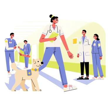 A nurse in scrubs is walking through a brightly lit hospital corridor. She has a warm smile on her face as she carries a clipboard in one hand. Next to her is a fluffy therapy dog with a friendly expression, wearing a service vest. The dog is wagging its tail excitedly, bringing a sense of joy to the scene. In the background, there are colorful decorations on the walls and soft sunlight streaming through the windows, creating a welcoming environment for the patients. A few patients can be seen smiling and reaching out towards the nurse and the dog, showcasing the positive impact of this comforting duo.