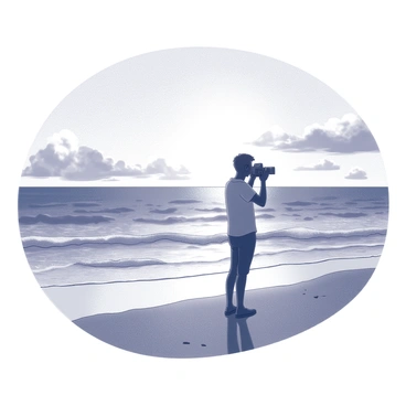 A photographer stands on a sandy beach, poised with a camera, focused on the horizon. The photographer is silhouetted against the expansive sky as the sun sets, casting a gradient of light across the clouds. The ocean waves gently lap at the shore, creating a reflective surface that mirrors the colors of the sky. The scene captures the moment of concentration as the photographer prepares to capture the natural beauty before them.