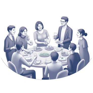A gathering of diverse individuals enjoying a community feast. Tables are filled with a variety of dishes, showcasing traditional foods prepared with care. People are sitting and standing around the tables, engaging in animated conversations, smiles and laughter evident on their faces. Some individuals are passing dishes to one another, while others are raising glasses in a toast, celebrating the occasion. The atmosphere is lively, with decorations adding a festive touch to the scene, creating a sense of warmth and togetherness.