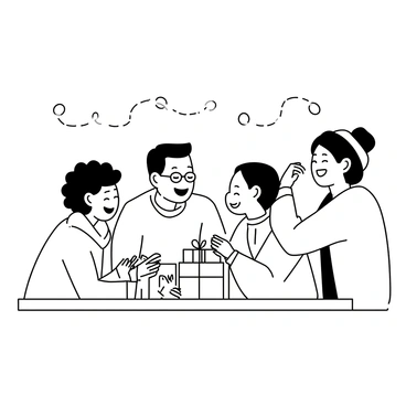A group of four friends is gathered around a dining table adorned with festive decorations. They are laughing and smiling as they exchange wrapped gifts. One friend, a woman with short curly hair, is holding a brightly wrapped present, her eyes sparkling with excitement. Another friend, a man with glasses and a casual sweater, is leaning forward, laughing heartily. A third friend, a woman wearing a cozy scarf, is playfully covering her mouth, trying to contain her laughter. The fourth friend, a man with a beanie, is playfully rolling his eyes at the humorous situation. In the background, there are twinkling lights and a holiday centerpiece on the table.