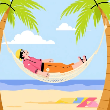 Naruto is lying relaxed in a woven hammock strung between two tall palm trees. The palm trees have lush green fronds swaying gently in the warm breeze. In the background, there is a clear blue sky dotted with a few fluffy white clouds. The beach features soft golden sand with gentle waves lapping at the shore. Naruto is wearing his signature orange outfit and a peaceful expression, enjoying the sunny day, with a few colorful beach towels scattered on the sand nearby.