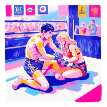 A fighter with short black hair is on the mat, applying a submission hold to their opponent. The fighter's expression is focused, showcasing determination and skill. The opponent, a person with longer blonde hair, is attempting to escape but is clearly in a challenging position. The fighters are wearing traditional mixed martial arts gear, with gloves and shorts. The surrounding environment is a well-lit gym, with a cheering crowd in the background. Various banners adorn the walls, depicting logos and team colors.