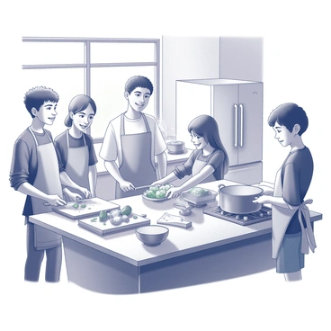 A group of five students engaged in cooking activities in a spacious kitchen. One student is chopping vegetables on a wooden cutting board, while another is stirring a pot on the stove. A third student is measuring ingredients with a scale. The kitchen features modern appliances, including a large oven and a refrigerator. The countertops are cluttered with various cooking utensils, bowls, and fresh produce. Sunlight streams in through a window, illuminating the scene and enhancing the lively atmosphere. Each student displays a focused and excited expression as they collaborate on their culinary tasks.