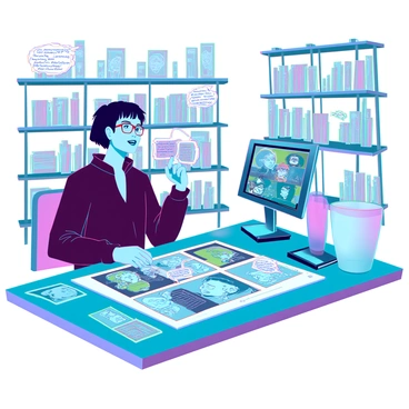 A comic artist with short black hair and glasses is sitting at a large drawing table cluttered with art supplies and sketch papers. The artist is focused on revising an old comic strip, which features vibrant panels displaying a classic scene. New characters, including a quirky alien and a clever robot, are being added to the comic, complete with bold outlines and expressive facial features. The artist is using a digital tablet to insert dialogue bubbles filled with playful, handwritten text. In the background, shelves filled with comic book collections and reference materials are visible, emphasizing the creative workspace.