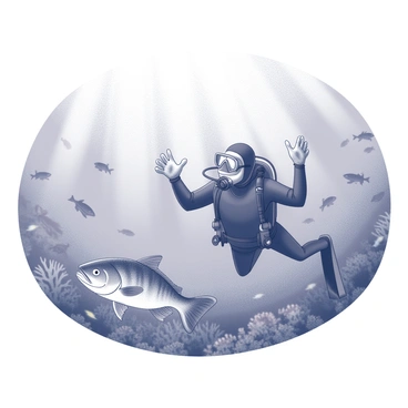 A scuba diver is submerged in an underwater environment, wearing a wetsuit and scuba gear. The diver is positioned horizontally, with arms extended as if reaching out or observing. A curious red snapper is swimming close to the diver, its fins gracefully moving through the water. The fish displays intricate details, including a streamlined body and distinct markings. Surrounding the diver and the fish, various forms of marine life can be seen, including coral formations and smaller fish. Light beams filter down through the water, creating a dynamic atmosphere in the aquatic scene.