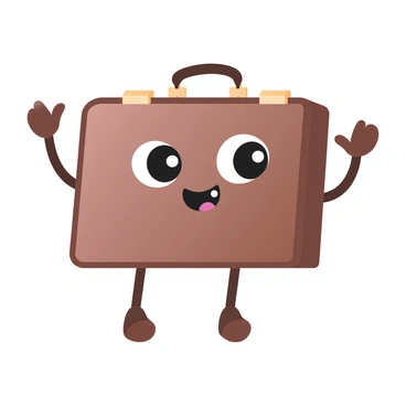 A cartoon-style briefcase character with a shiny brown exterior and golden clasps. The briefcase has large, expressive eyes and a wide, cheerful smile. It has arms and legs made of flexible, cartoonish limbs, with one arm raised in a waving gesture. The legs are bent slightly, suggesting a playful stance. The background is simple, allowing the focus to remain on the briefcase character.