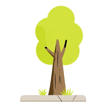 A sturdy tree with vibrant green leaves is growing through the cracks of a gray urban sidewalk. The tree trunk is thick and textured, showcasing its resilience as it pushes through the concrete. Small patches of grass and weeds are visible around the base of the tree, adding a touch of nature to the urban setting. The sidewalk has visible cracks and rough patches, emphasizing the contrast between the organic life of the tree and the hard surfaces of the city.