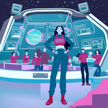 A woman with dark hair and a reflective visor on her spacesuit is standing confidently in the control room of a busy space station. She is surrounded by large screens displaying data and visuals of various spacecraft and distant planets. The space station has a futuristic design with sleek surfaces and bright LED lights. Various astronauts and technicians are moving around her, engaged in intense discussions and operating advanced machinery. In the background, a panoramic window shows the vastness of space filled with stars and nebulae.
