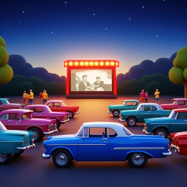 A nostalgic drive-in movie theater setting at dusk with classic American cars parked in neat rows. The cars display vivid paint colors, such as red, blue, and turquoise, with chrome detailing glistening under the soft glow of vintage marquee lights. A large, illuminated screen at the front displays a black-and-white film scene. A few patrons stand by their cars, casually enjoying snacks and drinks, while others are seated in foldable chairs. The atmosphere is filled with a sense of community and leisure under a darkening sky sprinkled with stars.