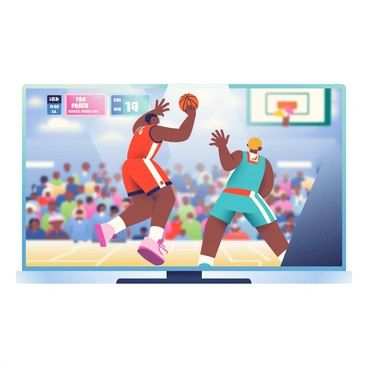 A large flat-screen television displays a moment from a high-stakes basketball game. A player with dark skin wearing a red jersey is jumping in mid-air, reaching for the basketball above the outstretched hands of a defender in a blue jersey. The crowd in the background is blurred but visible, with fans wearing team colors and holding banners. The scoreboard at the top of the screen shows a close score, adding to the tension of the moment. The living room setting is dimly lit, with a soft glow coming from the television, highlighting the intensity of the scene.