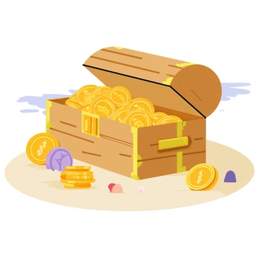 A wooden treasure chest partially open on a sandy beach, revealing an overflowing pile of ancient coins. The coins have intricate designs and varying sizes, glimmering under the sunlight. Some coins are scattered around the chest, partially buried in the soft sand. A few seashells and small pebbles are positioned next to the chest, enhancing the beach setting. The ocean is visible in the background, with gentle waves lapping at the shore.