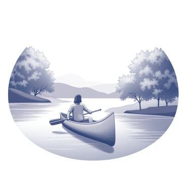 A person seated in a canoe, gliding smoothly on a gently flowing river. The individual is holding a paddle in one hand, resting it on the side of the canoe. The water is calm, with subtle ripples surrounding the canoe's edges. Lush trees line the riverbanks, their leaves creating intricate patterns against the water's surface. In the distance, soft hills can be seen, adding depth to the landscape. The scene evokes a sense of tranquility and connection with nature.