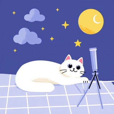 A fluffy ragdoll cat with striking blue eyes is lying comfortably on a checkered blanket. The cat is gazing up at a bright, star-filled sky illuminated by a full moon. Beside the cat, a sleek telescope is positioned, pointing towards the heavens. Several twinkling stars and a few fluffy clouds drift across the deep blue background, creating a peaceful night scene.