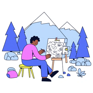 An artist is positioned outdoors, focusing intently on a mountain range. The artist is using charcoal sticks to create detailed drawings on a large sketchpad. The mountains in the background are tall with jagged peaks and snow caps, while the foreground features scattered rocks and patches of grass. The artist sits on a simple wooden stool, surrounded by various art supplies like erasers and a small bag of charcoal. Sunlight filters through nearby trees, casting gentle shadows on the scene.
