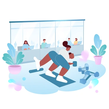 An employee is doing a workout using a set of weights in an office gym. The gym features exercise mats and fitness equipment surrounding the employee. Through a large glass window, several colleagues can be seen sitting at their desks, engaged in work activities. The office environment includes desks with computers and potted plants. The atmosphere is bright and open, with natural light flooding in from the window.